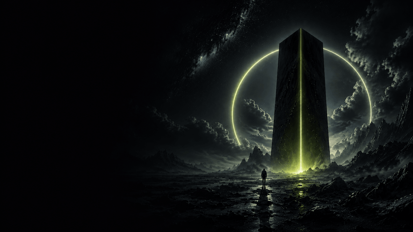A monolithic obelisk glowing with lemon-green light beneath a starry sky, symbolizing precise engineering